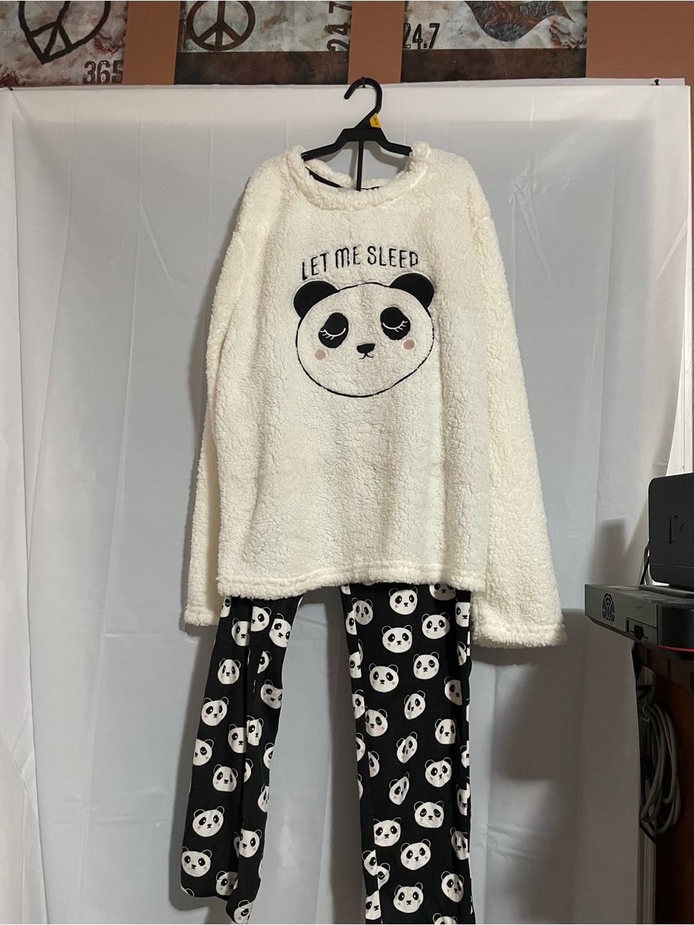 Secret Treasures Cream Sherpa Panda Pajama Set with Black Panda-Print Pants